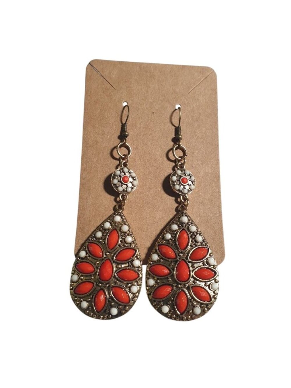 Teardrop Orange White Dangle Earring Floral Pattern Hook Boho Jewelry Mid Weight